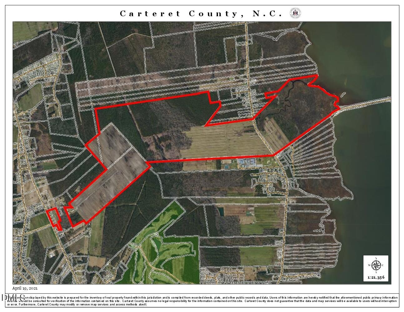 Carteret County parcel map with a large waterfront tract outlined in red.