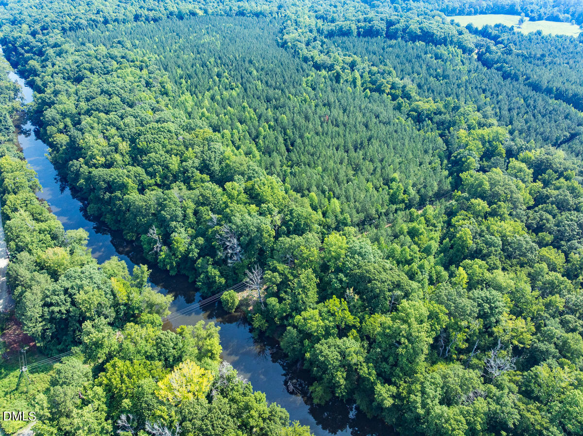 Aerial view of a river winding through dense summer woodland.