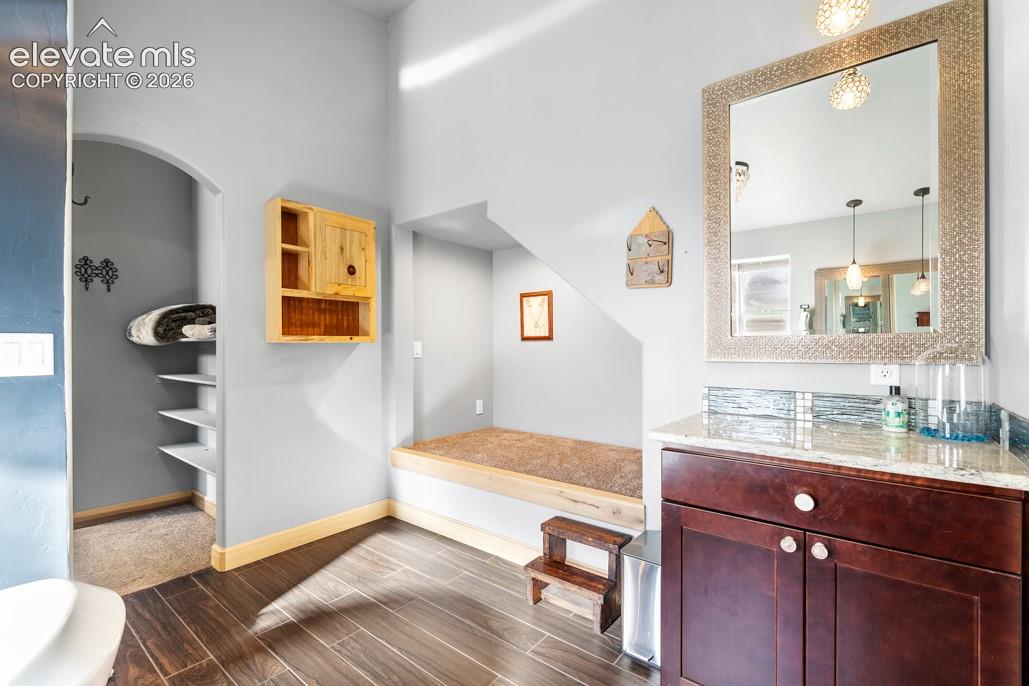 Wood-finish flooring, built-in shelving, arched doorway, vanity with stone countertop, and decorative mirror
