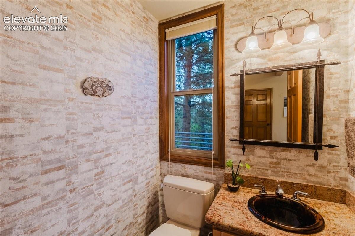 Granite countertop vanity featuring an oval basin sink and a bronze-framed mirror