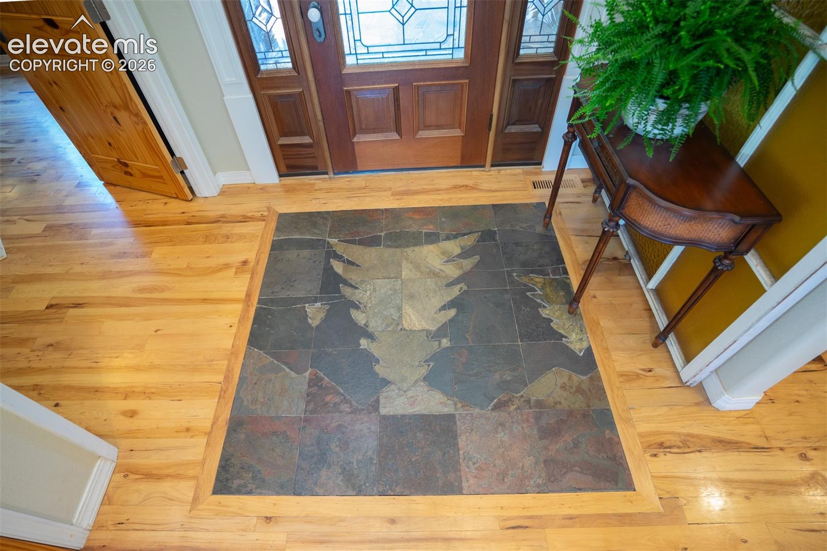 A beautiful mountain design made of tile covers the entry floor