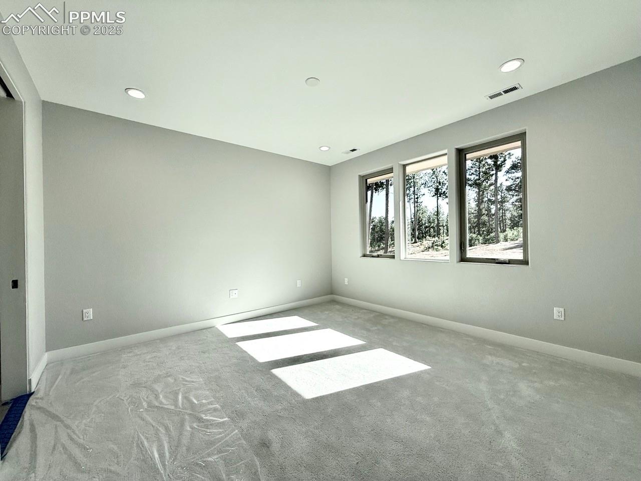 Main Level Primary Suite with Large Windows looking into the Forest and Carpeting.