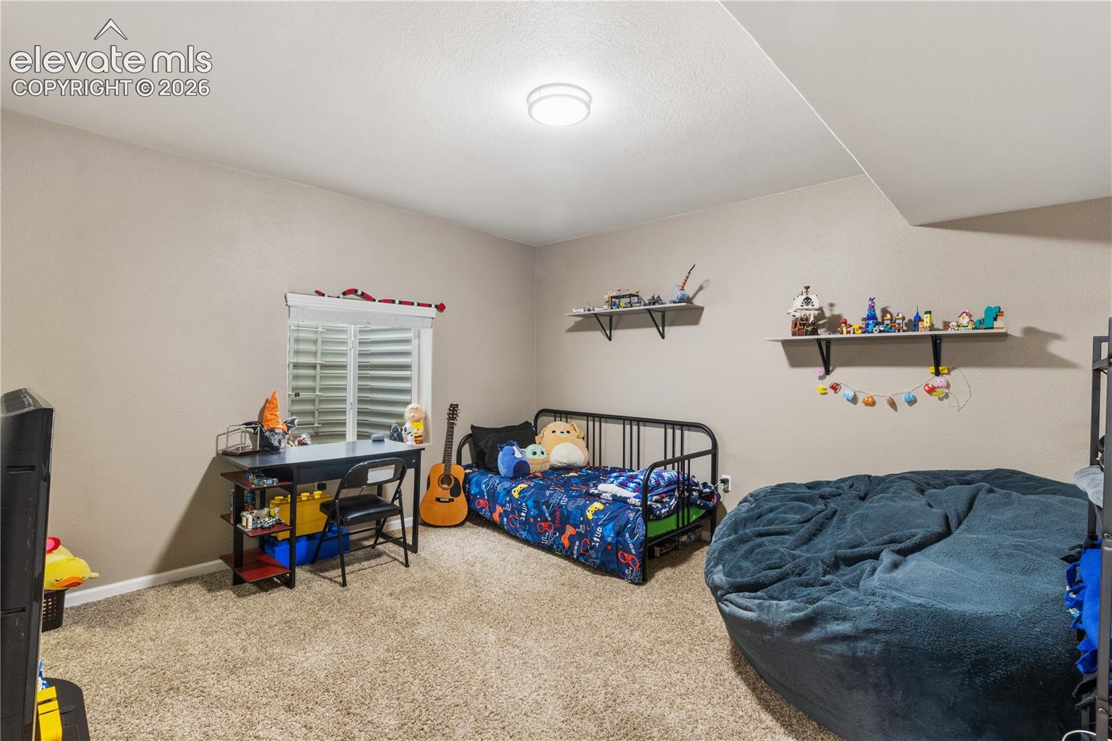 Interior room featuring wall-to-wall carpeting, a recessed window with an egress well, and a central flush-mount ceiling light