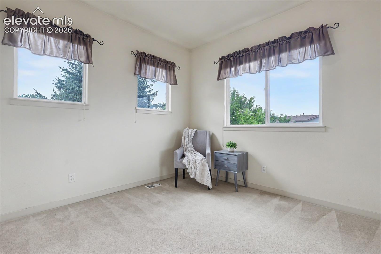 Light-filled room featuring neutral-toned carpet, multiple windows with white trim, and light-colored walls