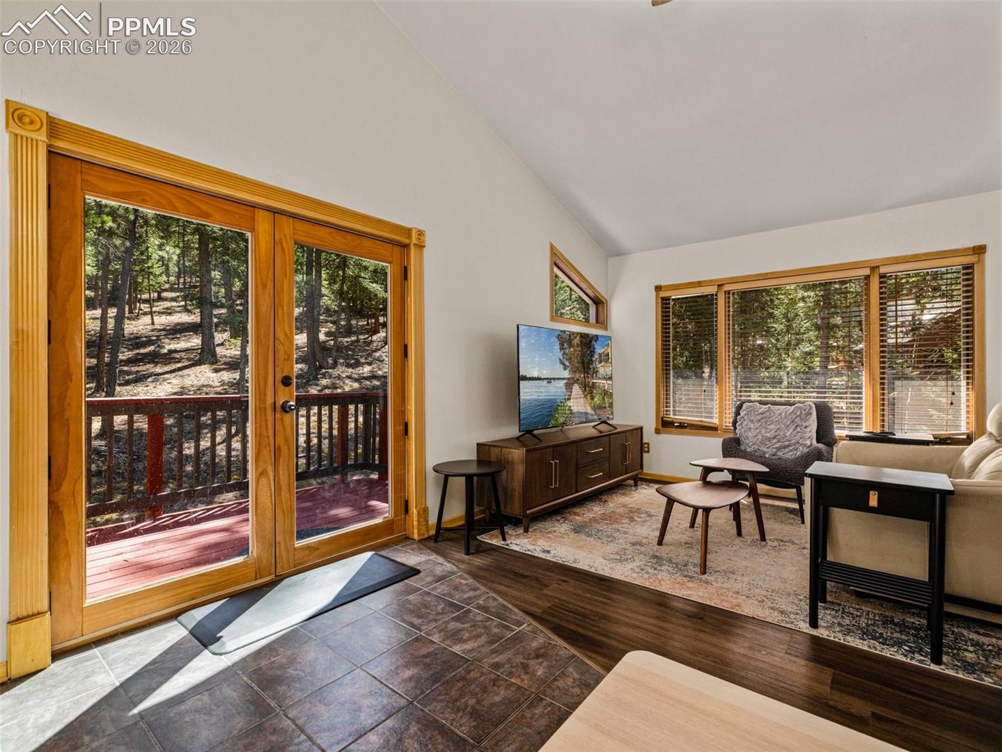Living room featuring lofted ceiling, plenty of natural light, and dark wood finished floors