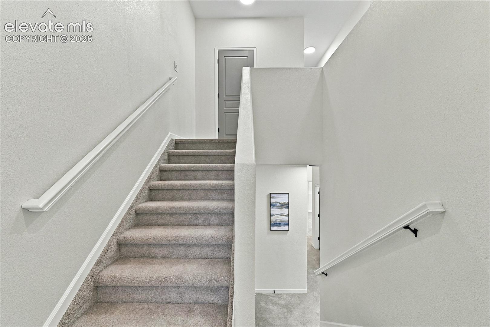 Staircase featuring wall-to-wall carpeting, white handrails, neutral wall paint, and panel-style interior doors