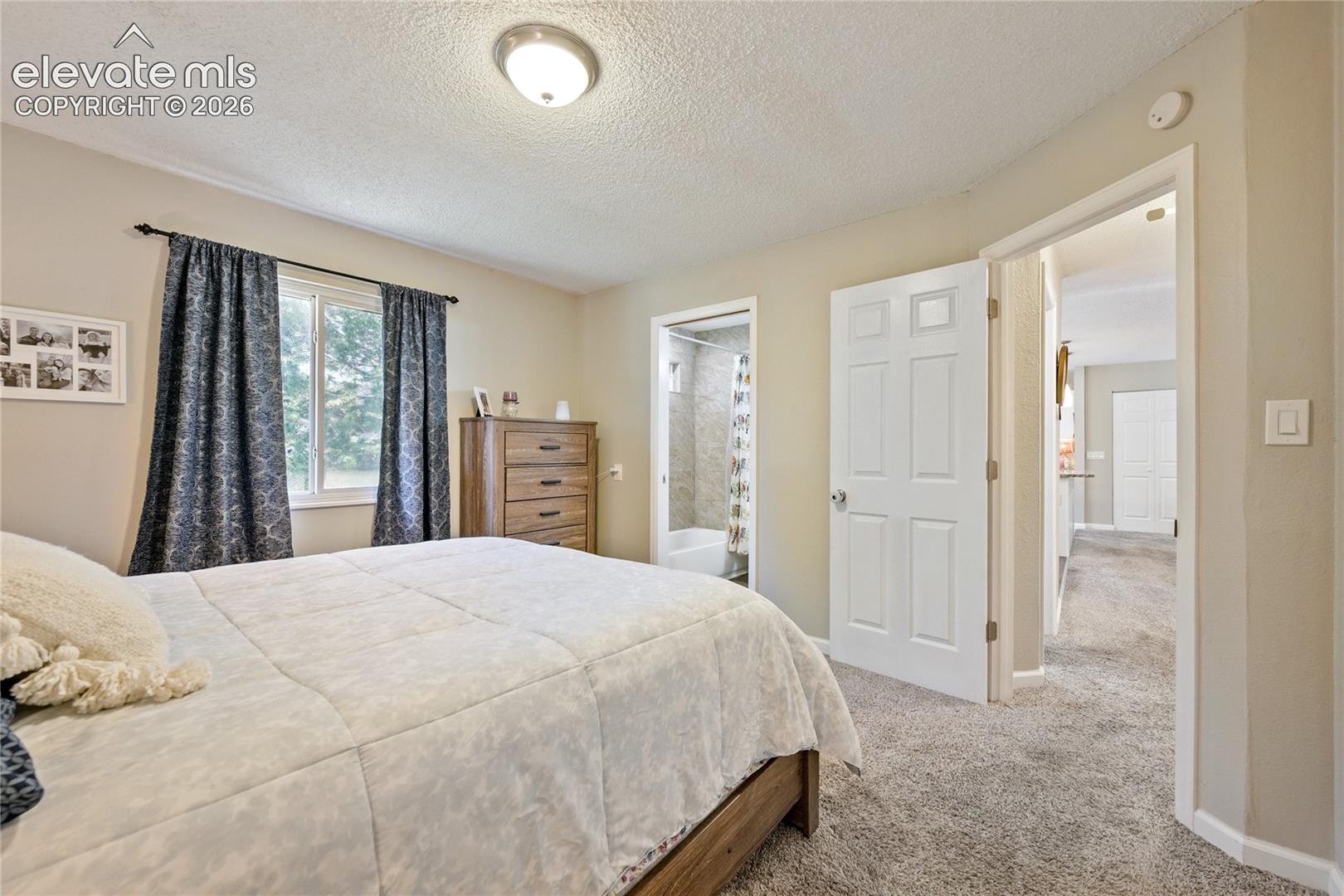 Room featuring neutral wall tones, carpeted flooring, a multi-panel interior door, and a flush-mount ceiling light fixture