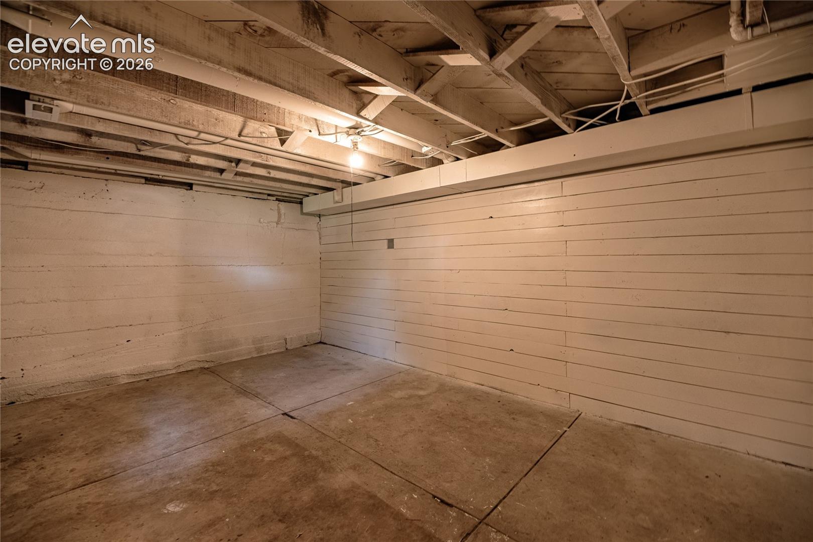 Exposed ceiling joists with visible electrical conduits, painted wood paneling, and concrete flooring