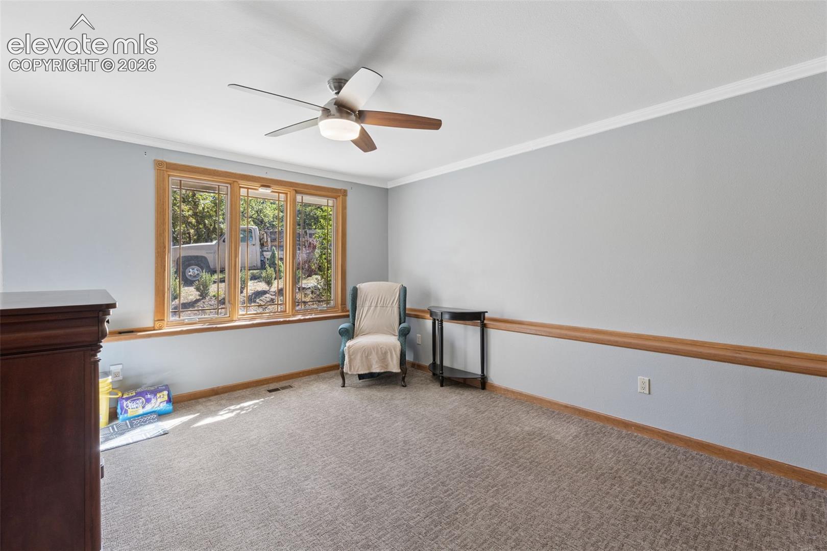 Interior room featuring neutral carpeting, chair rail molding, a multi-pane window with wood trim, and a ceiling-mounted light fixture with fan blades