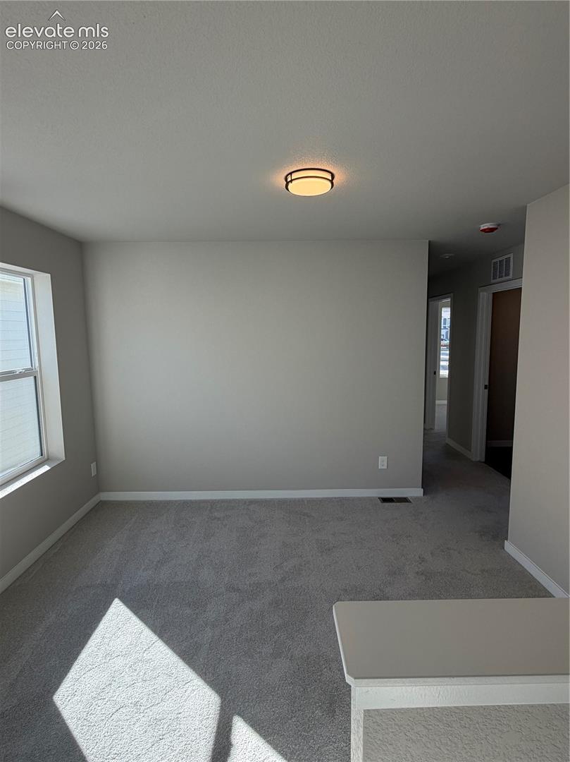 Neutral-toned interior featuring wall-to-wall carpeting, a flush-mount circular light fixture, and a single-pane window