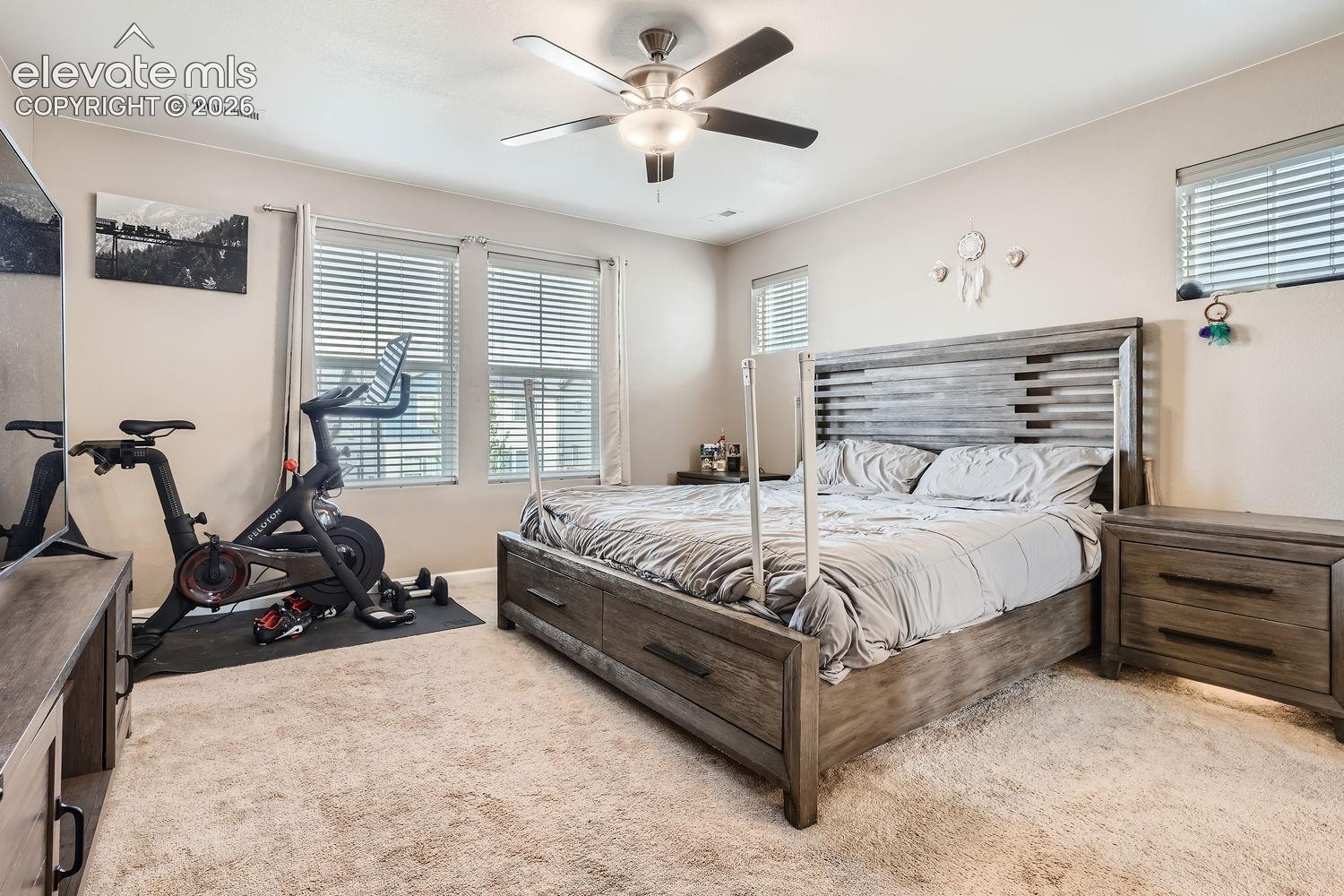 Neutral-toned walls, plush wall-to-wall carpeting, multiple windows with horizontal blinds, and a central ceiling fan with integrated lighting