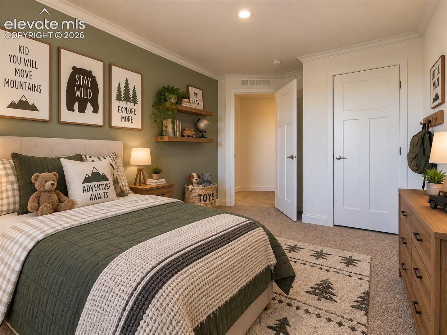 Bedroom – Alternate view of the secondary bedroom highlights the closet, neutral finishes, and flexible floor space.