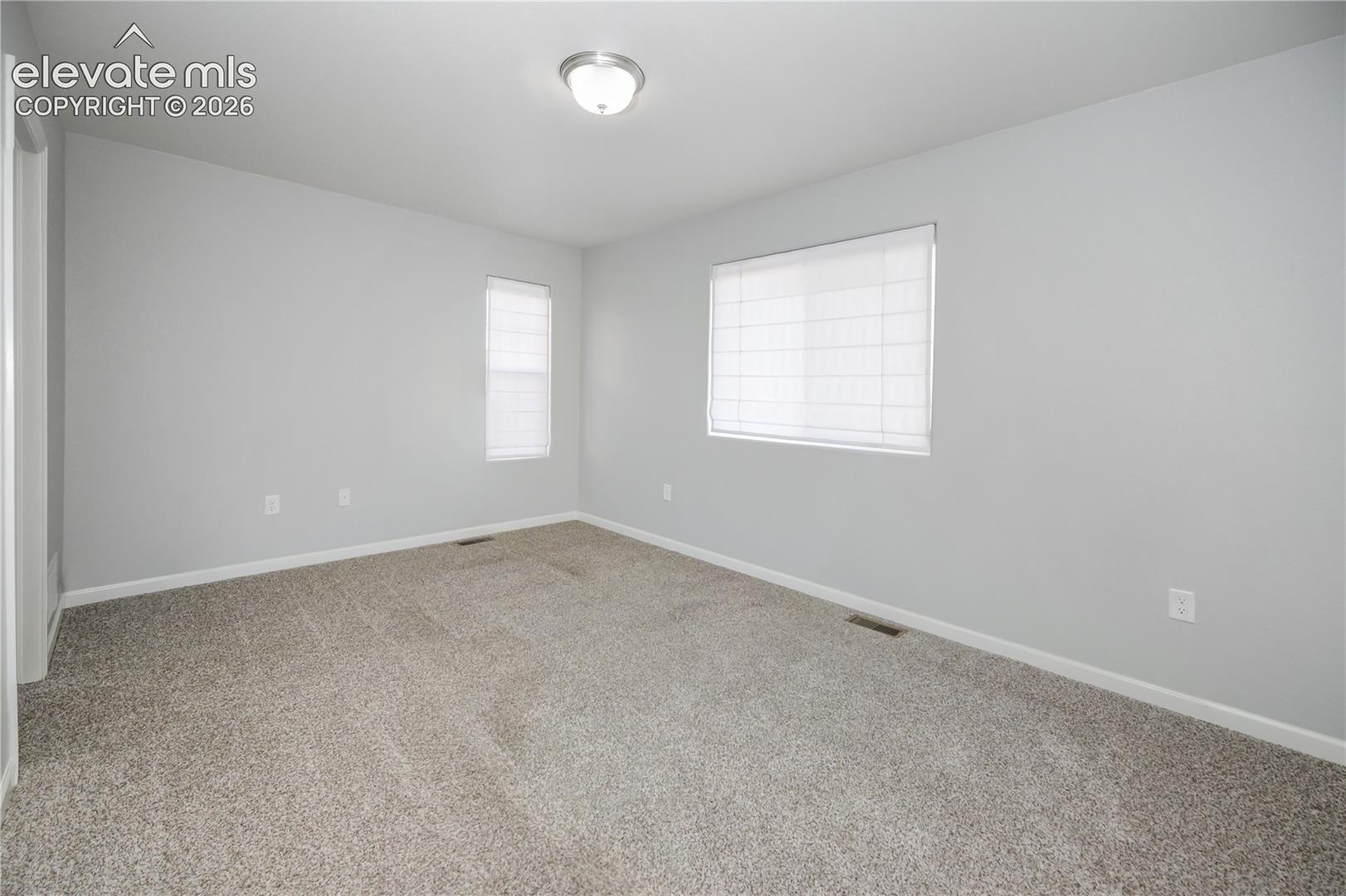Neutral wall finishes, plush carpeting, dual windows with fitted shades, and a flush-mount ceiling fixture
