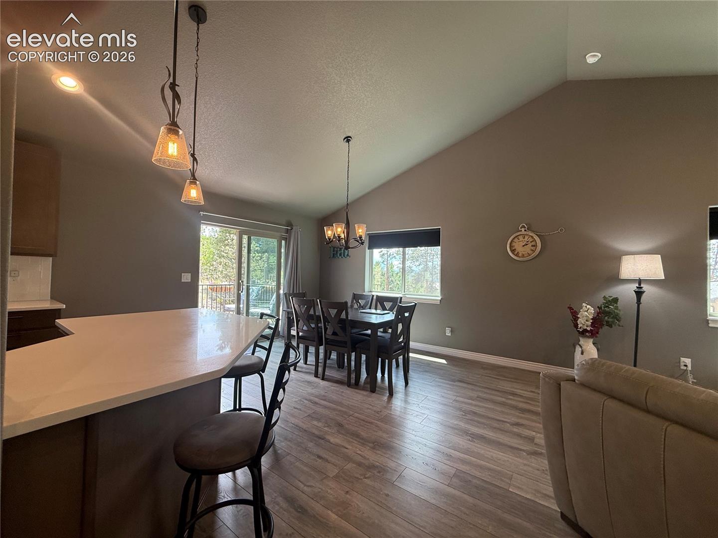 open concept kitchen dining, living area vauted ceiling 