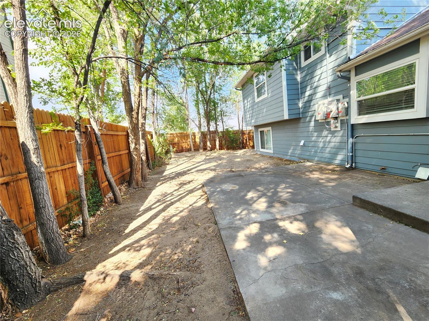Low-maintenance side yard featuring a concrete walkway and mature shade trees