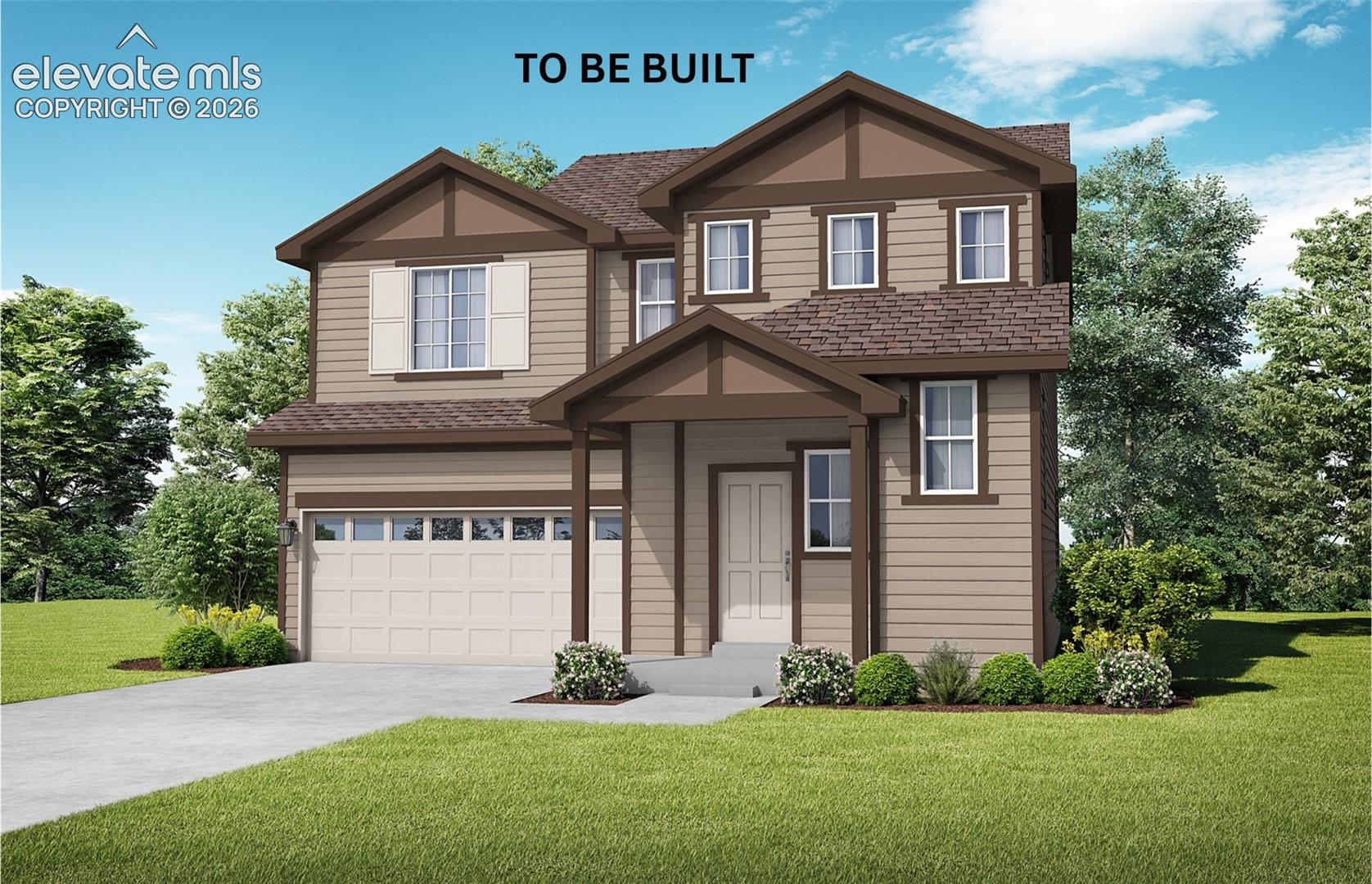 Two-story exterior featuring horizontal siding, decorative gable truss detailing, a covered front entryway, and an attached two-car garage