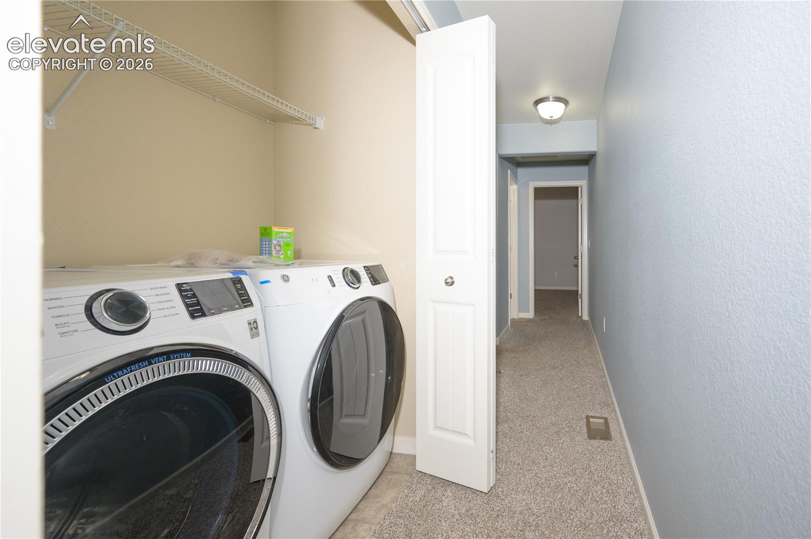 Laundry area featuring built-in shelving, carpeted flooring, and a flush-mount ceiling light fixture