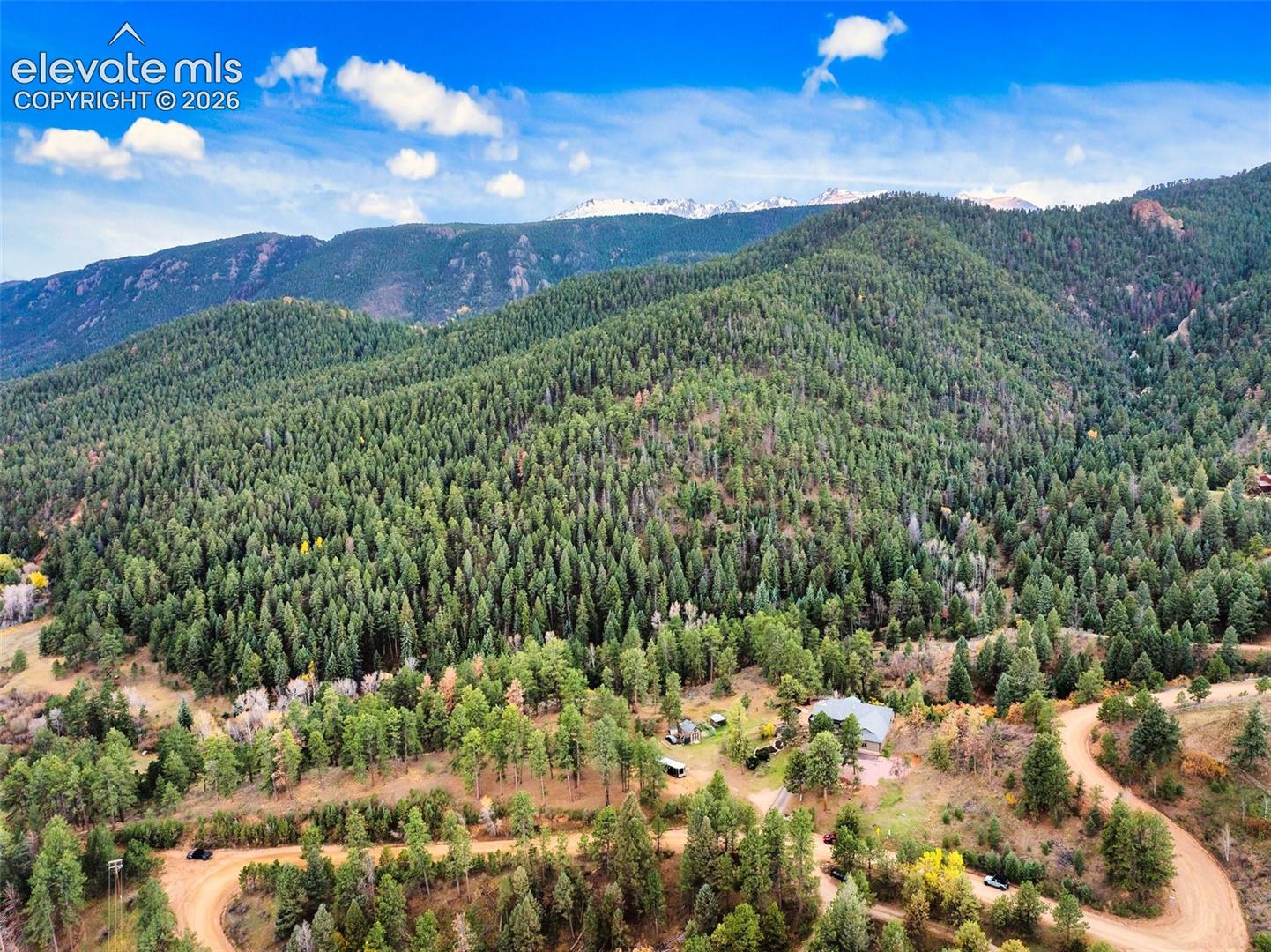 Expansive lot featuring mature evergreen trees, mountainous terrain, and direct access to winding roads