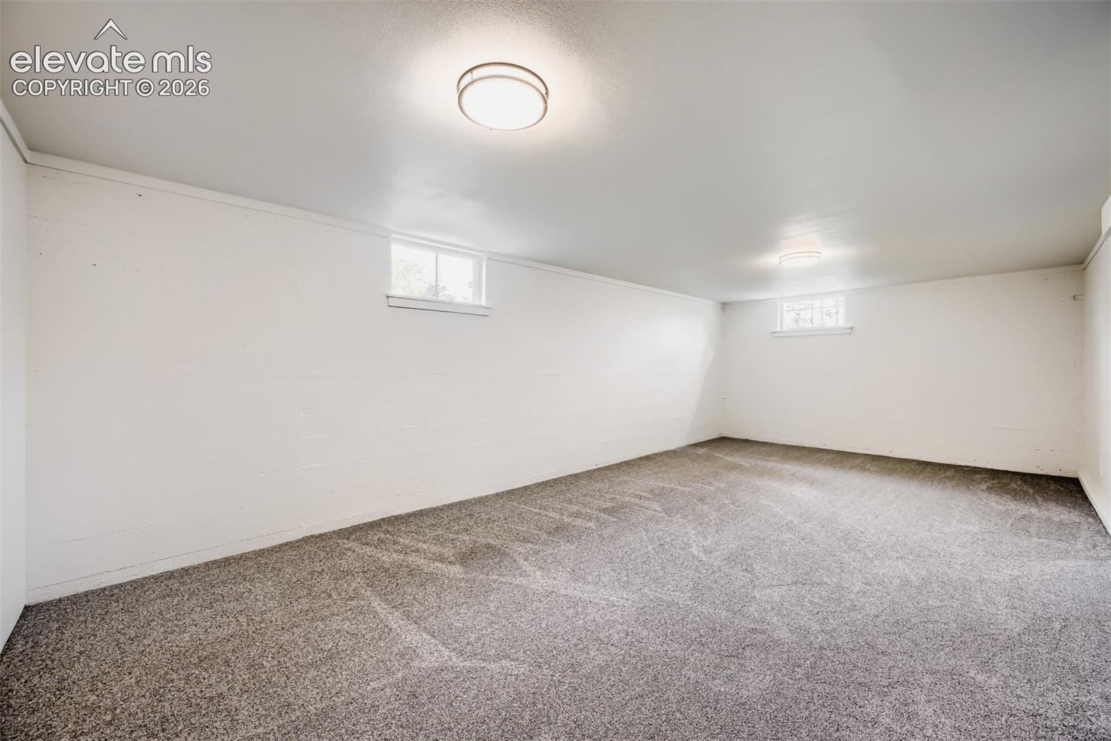 Spacious room featuring neutral carpeting, white painted walls, and overhead flush-mount lighting