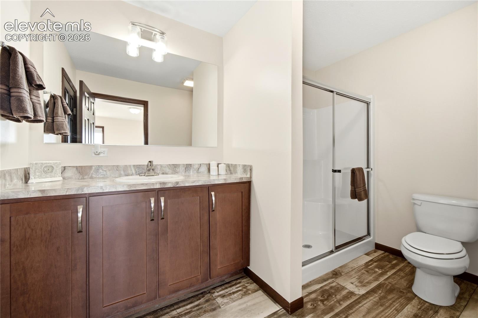 Wood-finish flooring, a spacious vanity with an integrated sink, a large wall-mounted mirror, a two-bulb vanity light, and a glass-enclosed shower