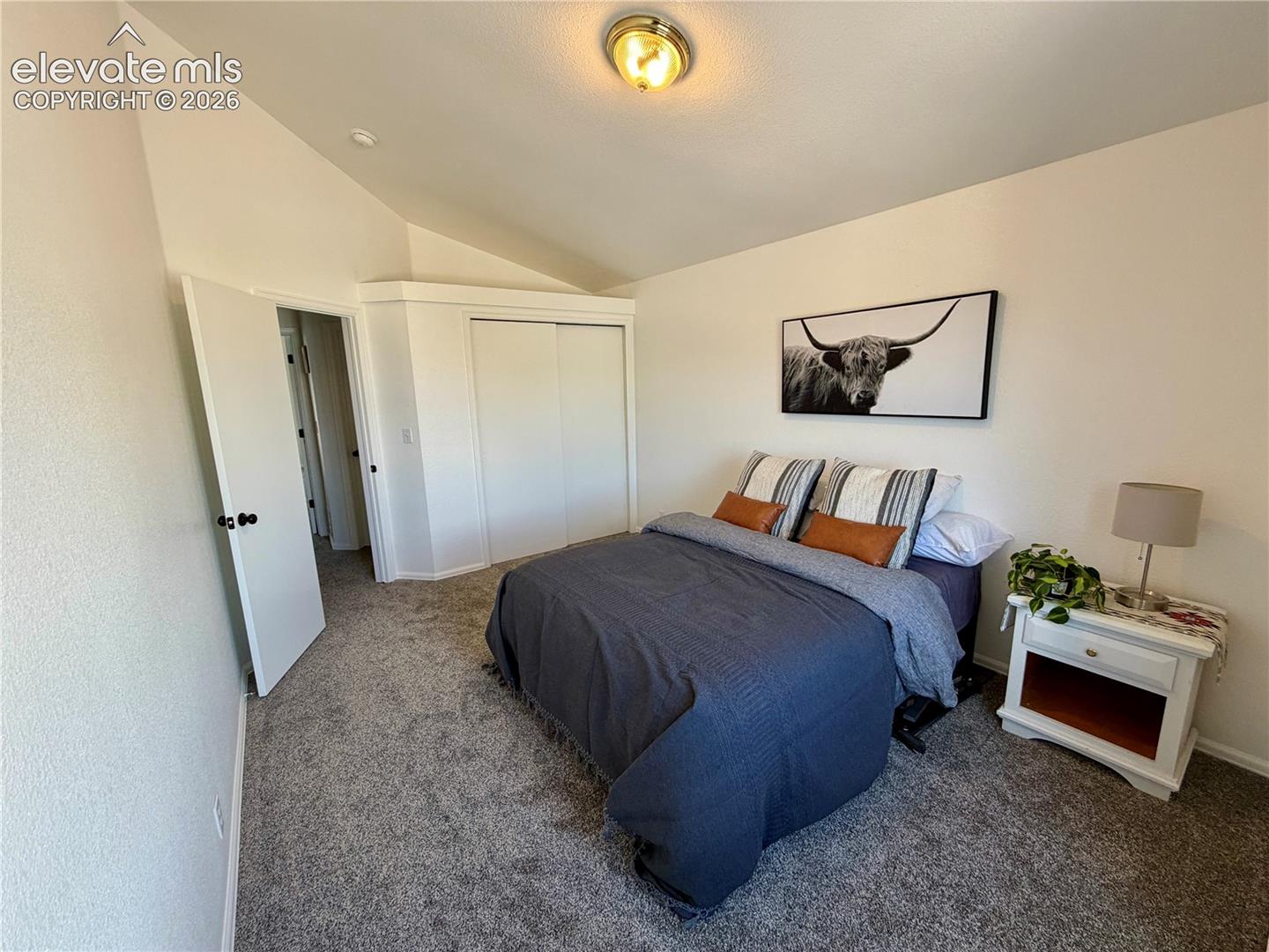 Vaulted ceiling bedroom featuring plush gray carpeting, white walls, and a built-in closet with sliding doors