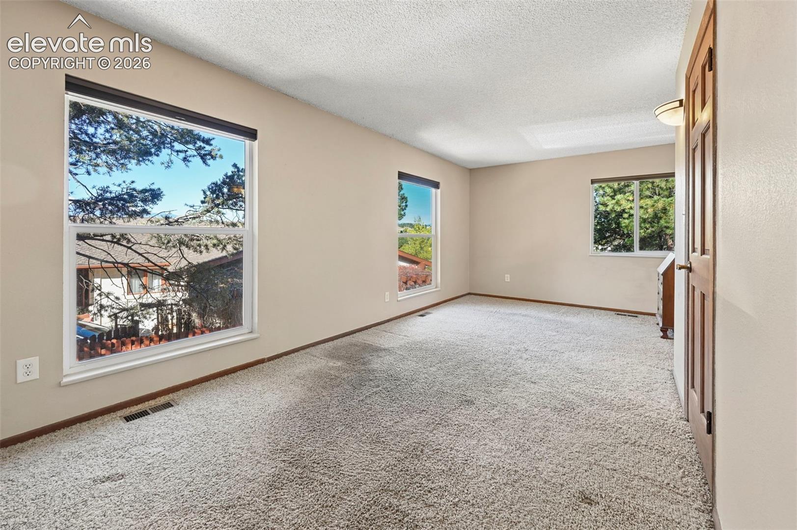 Interior space featuring wall-to-wall carpeting, three multi-pane windows, and a wood-panel door with integrated lighting fixture