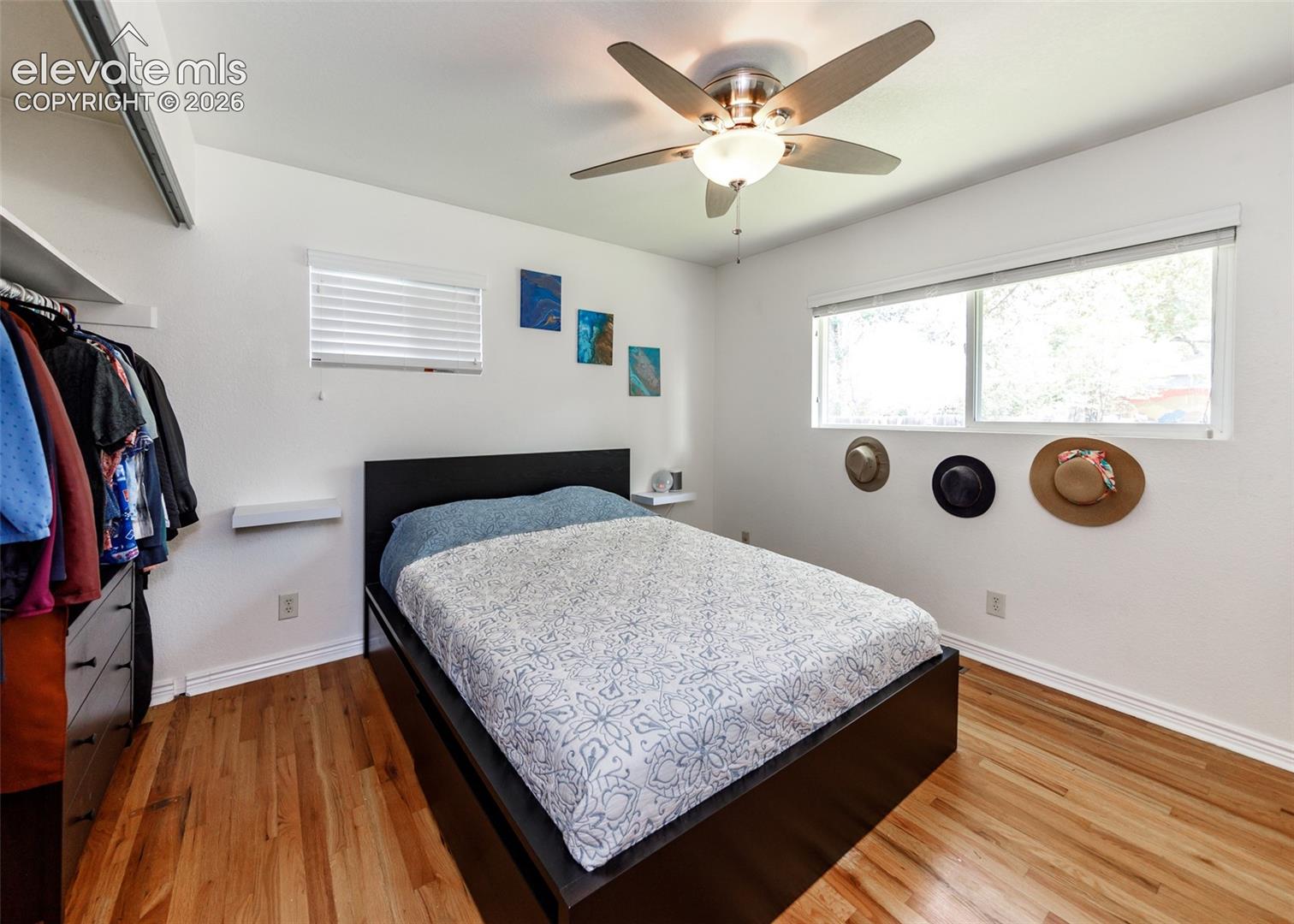 Warm-toned wood flooring, ceiling fan with light fixture, and two windows providing natural illumination