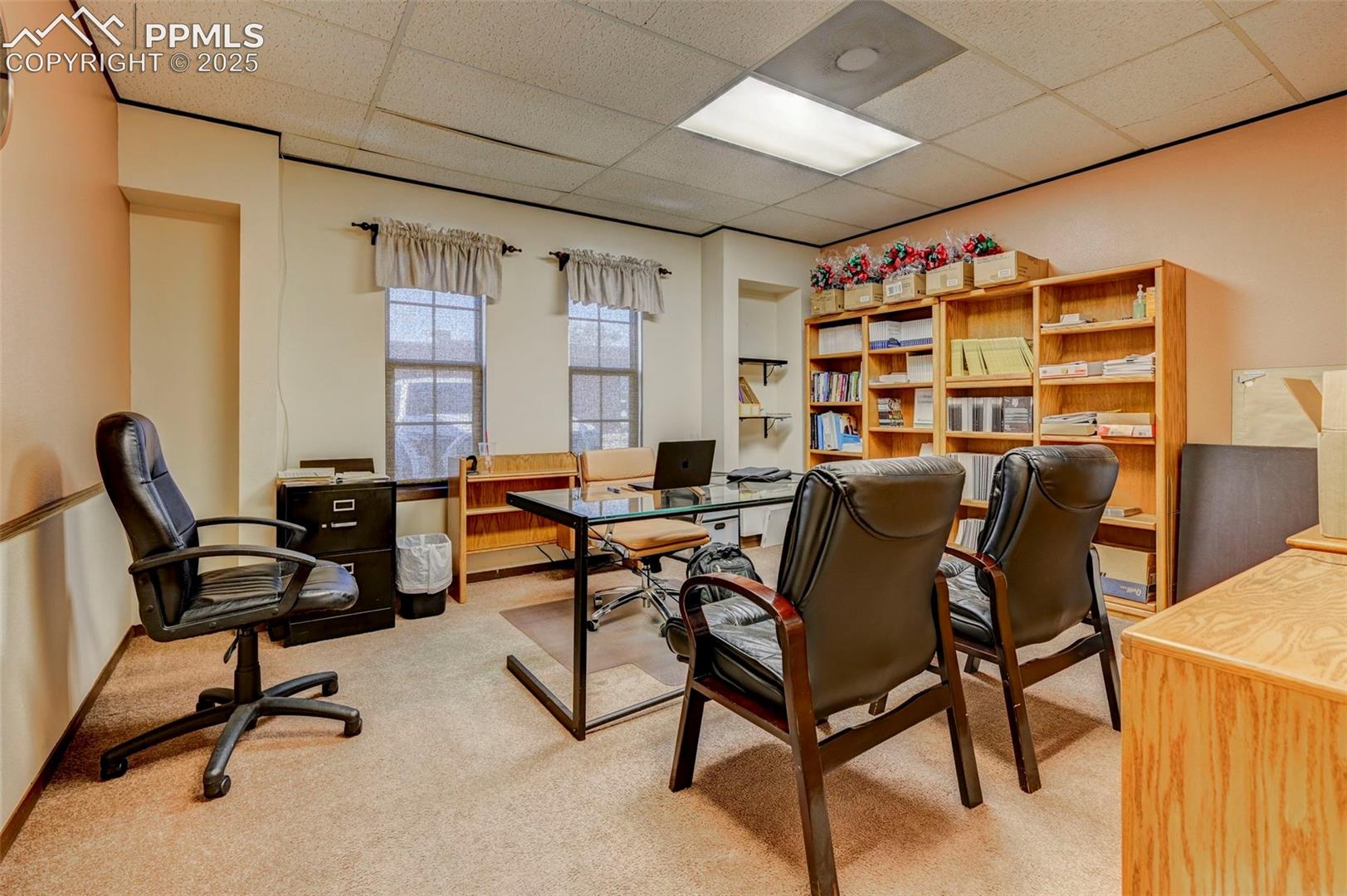 Carpeted office featuring a drop ceiling