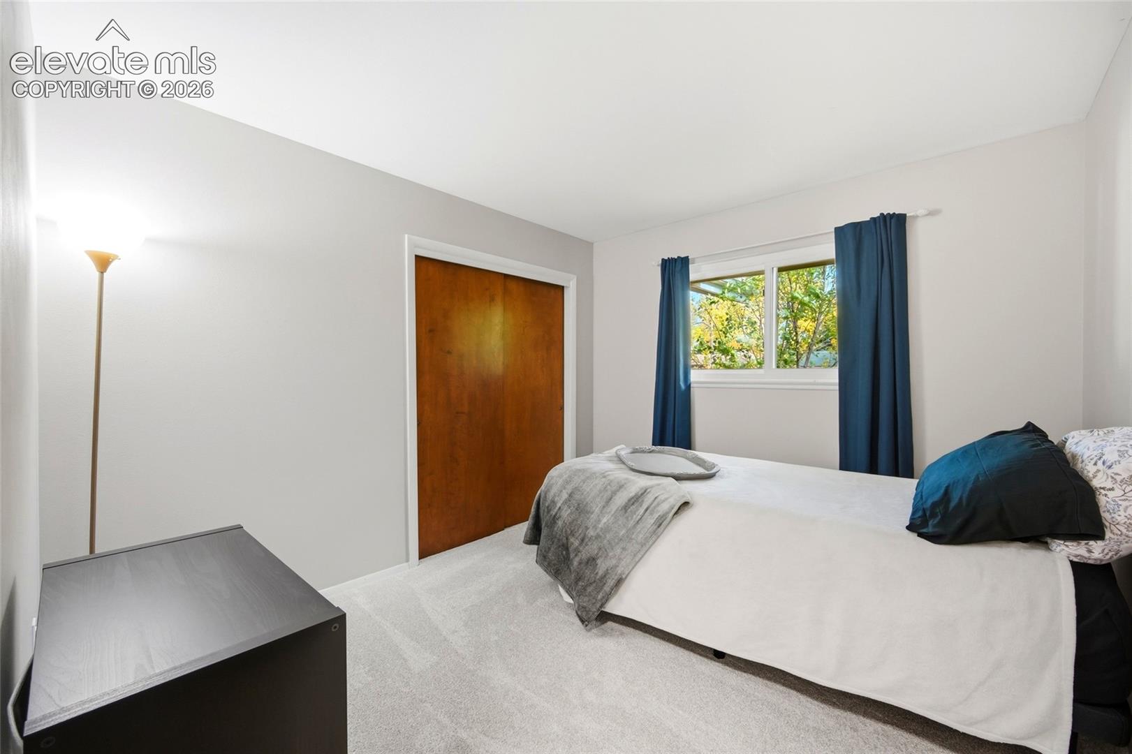 Neutral-toned wall paint, wall-to-wall carpeting, and sliding wood-finish closet doors