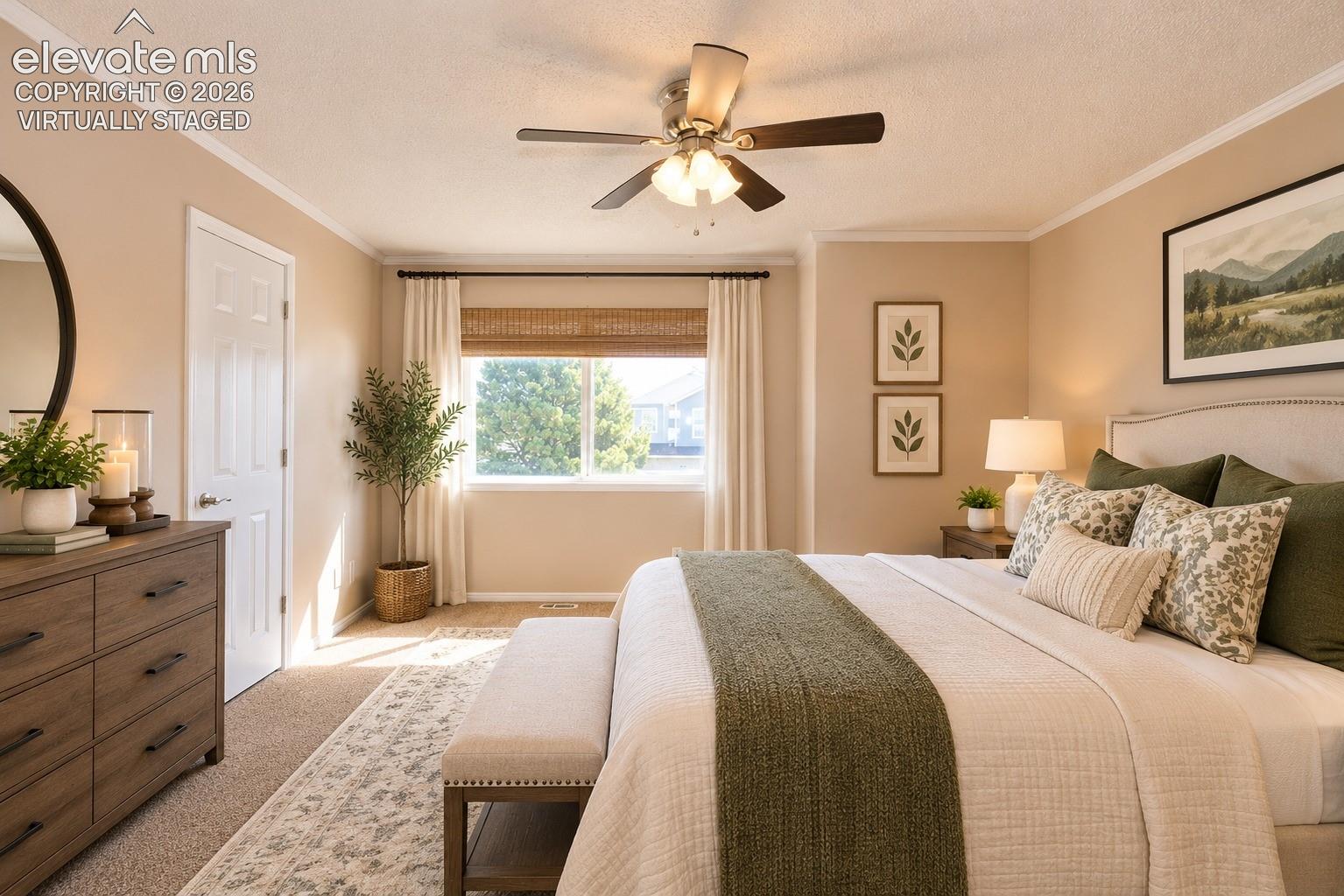 Virtually Staged Neutral-toned bedroom featuring carpeted flooring, a ceiling fan with integrated lighting, and a large window with natural light