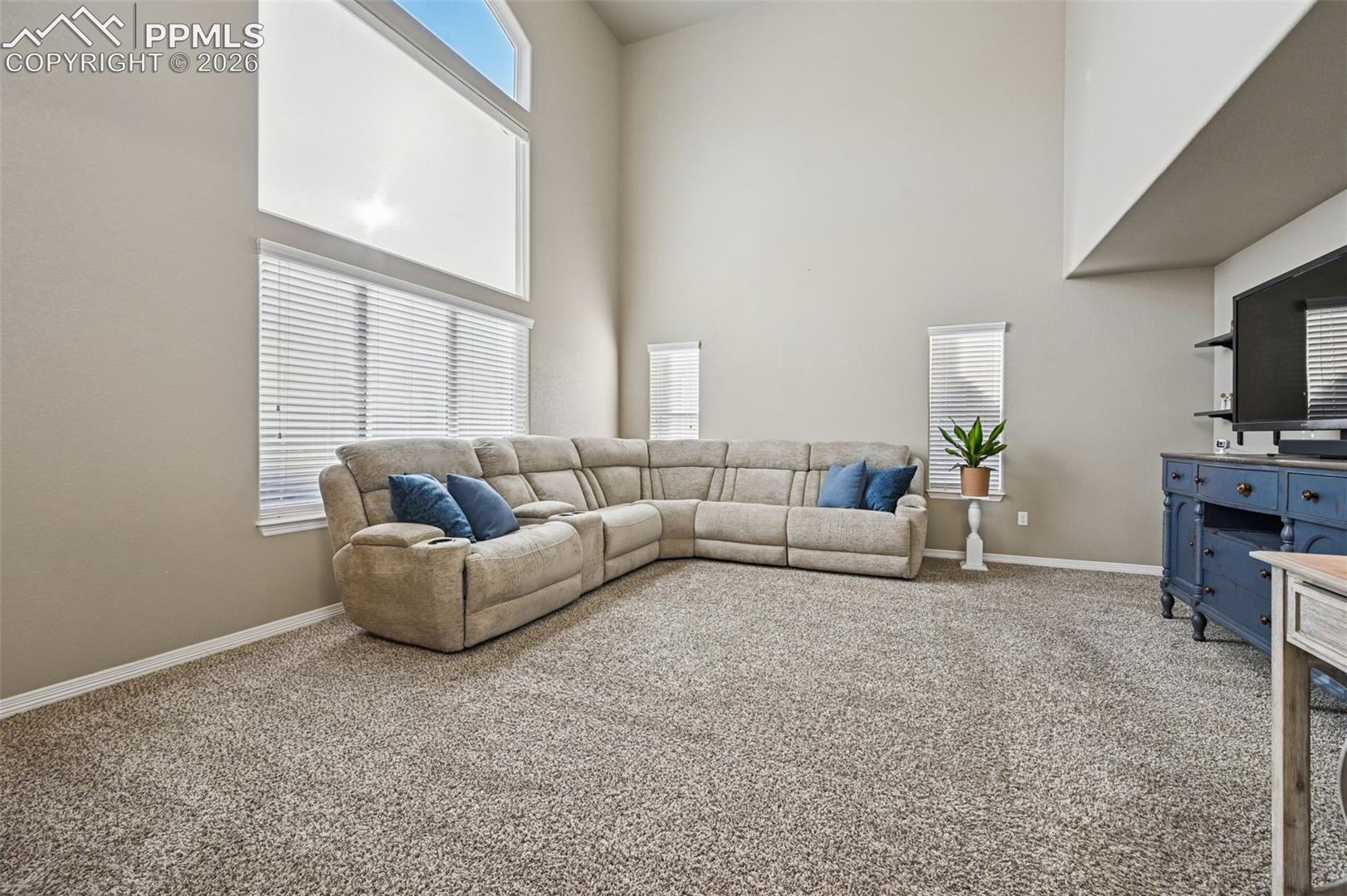 Living room featuring carpet floors and a high ceiling
