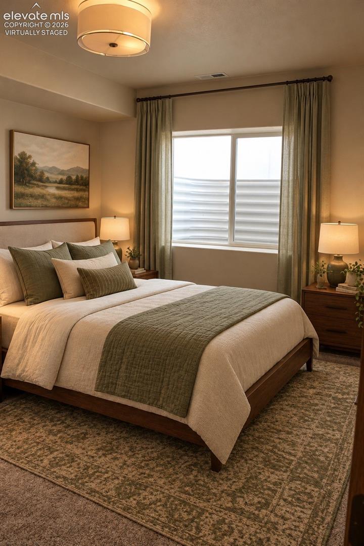 Virtually staged Recessed lighting, window with blinds and drapes, carpeted flooring, and a flush mount ceiling light