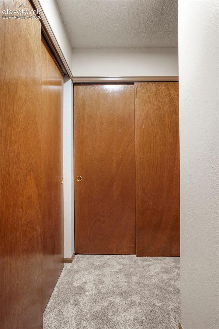 Room details with a textured ceiling and carpet