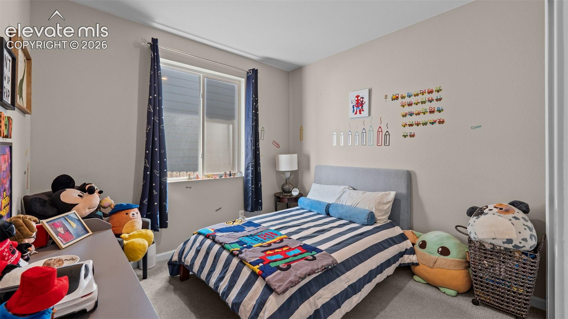 Neutral wall paint, carpeted flooring, and a single window with curtain rods