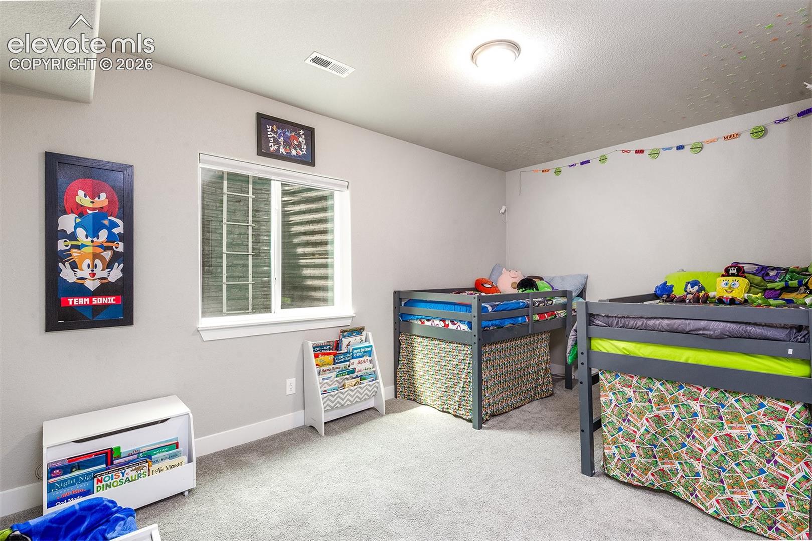 Carpeted flooring, recessed window, and flush-mount ceiling light fixture