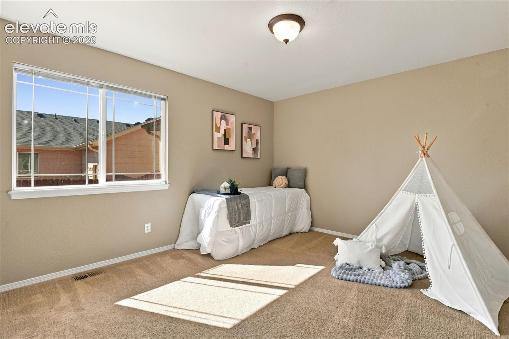 Carpeted room with a double-pane window, beige painted walls, and a ceiling-mounted light fixture