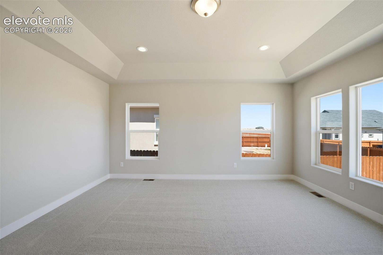 Tray ceiling featuring recessed lighting and neutral wall tones, complemented by expansive windows and wall-to-wall carpeting