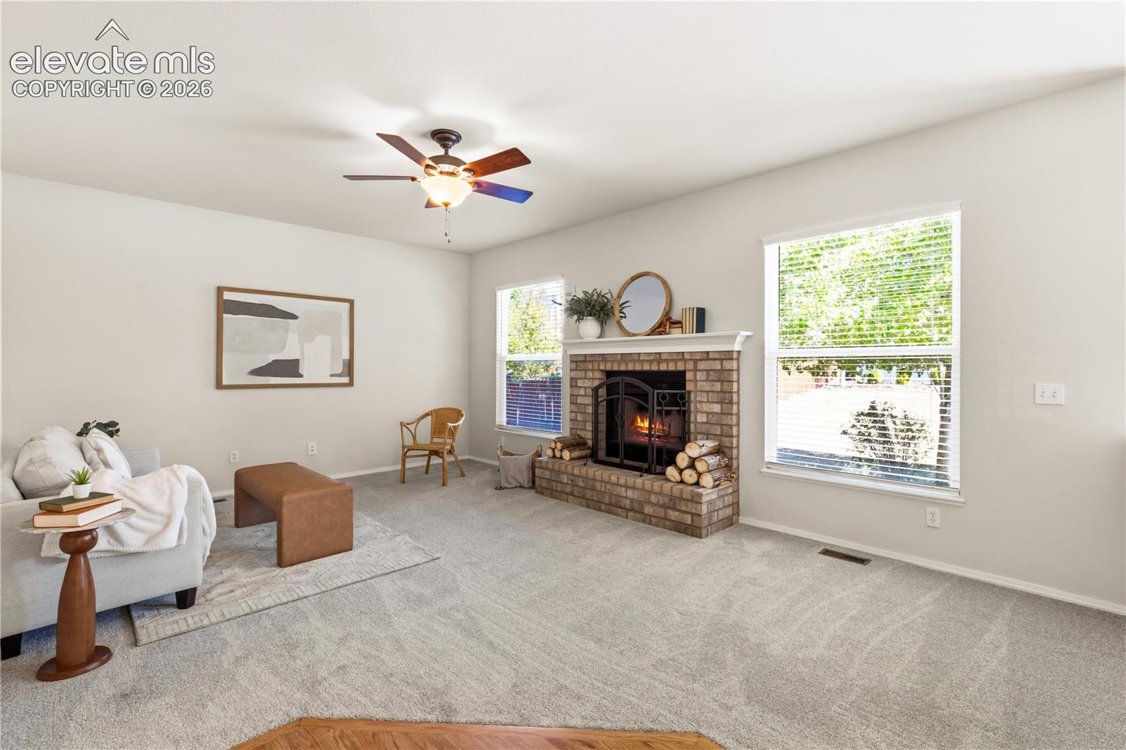 Family room with wood burning fireplace