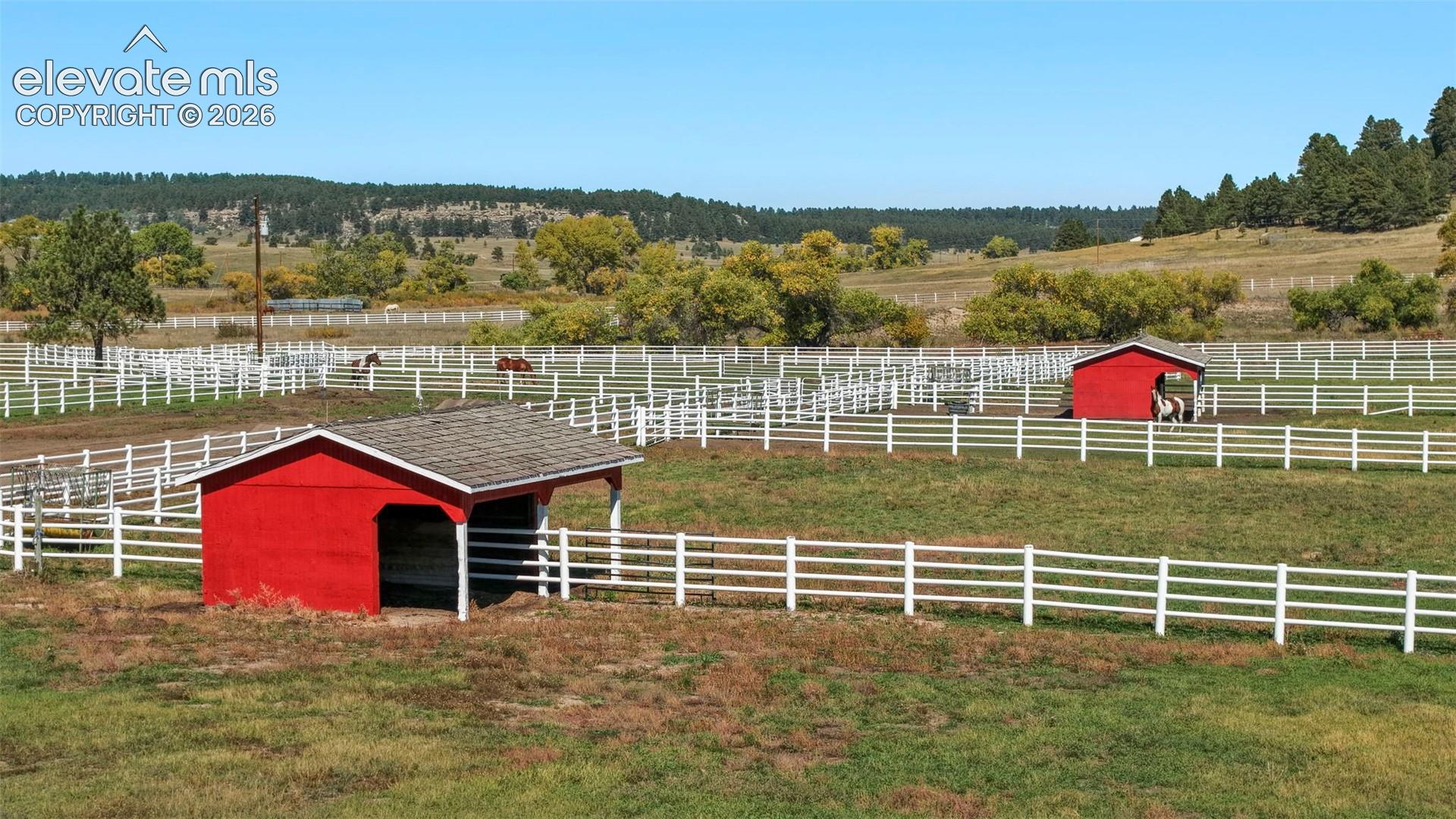 Expansive pastures featuring white fencing, two red outbuildings with shingled roofs, and varied terrain with mature trees