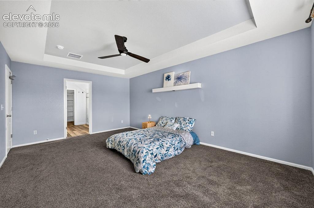 Tray ceiling, ceiling fan, carpet flooring, wall-mounted shelving, wood-finish flooring in adjoining space