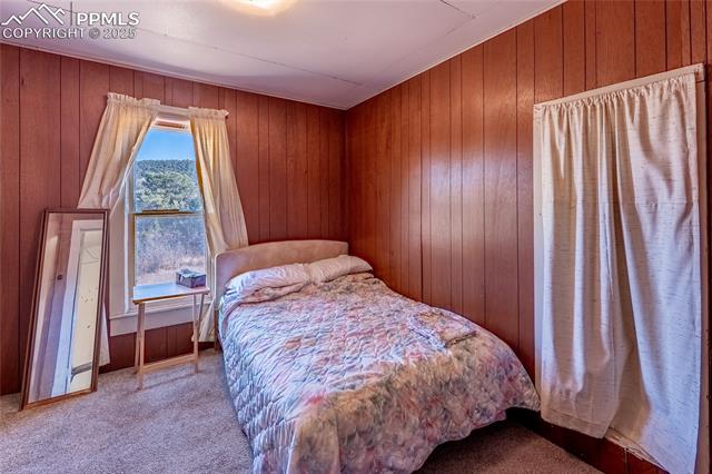 Bedroom featuring carpet floors and wood walls