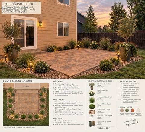 Home Improvement Guide. Detailing a patio layout plan with material costs and installation instructions