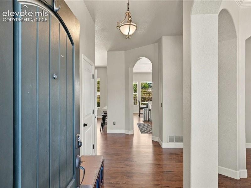 Entryway featuring a paneled front door, wood-finish flooring, arched doorways, and a flush-mount ceiling fixture