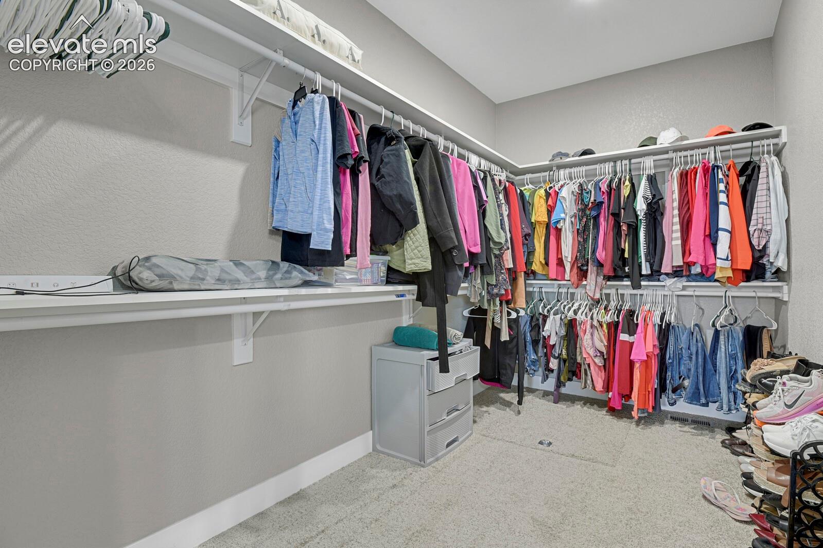 Recessed ceiling lighting illuminates a walk-in closet featuring built-in shelving, multiple hanging rods, and carpet flooring