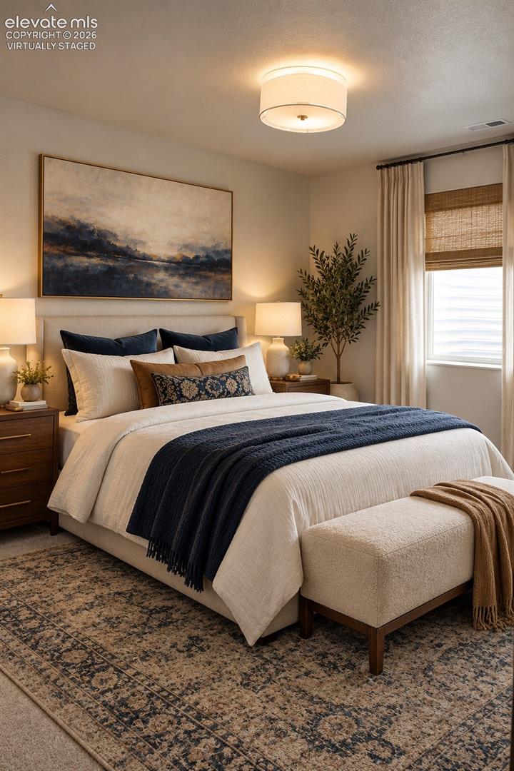 Virtually staged Recessed ceiling lighting, wood-finish nightstands, soft-close roller shades, and integrated window drapery