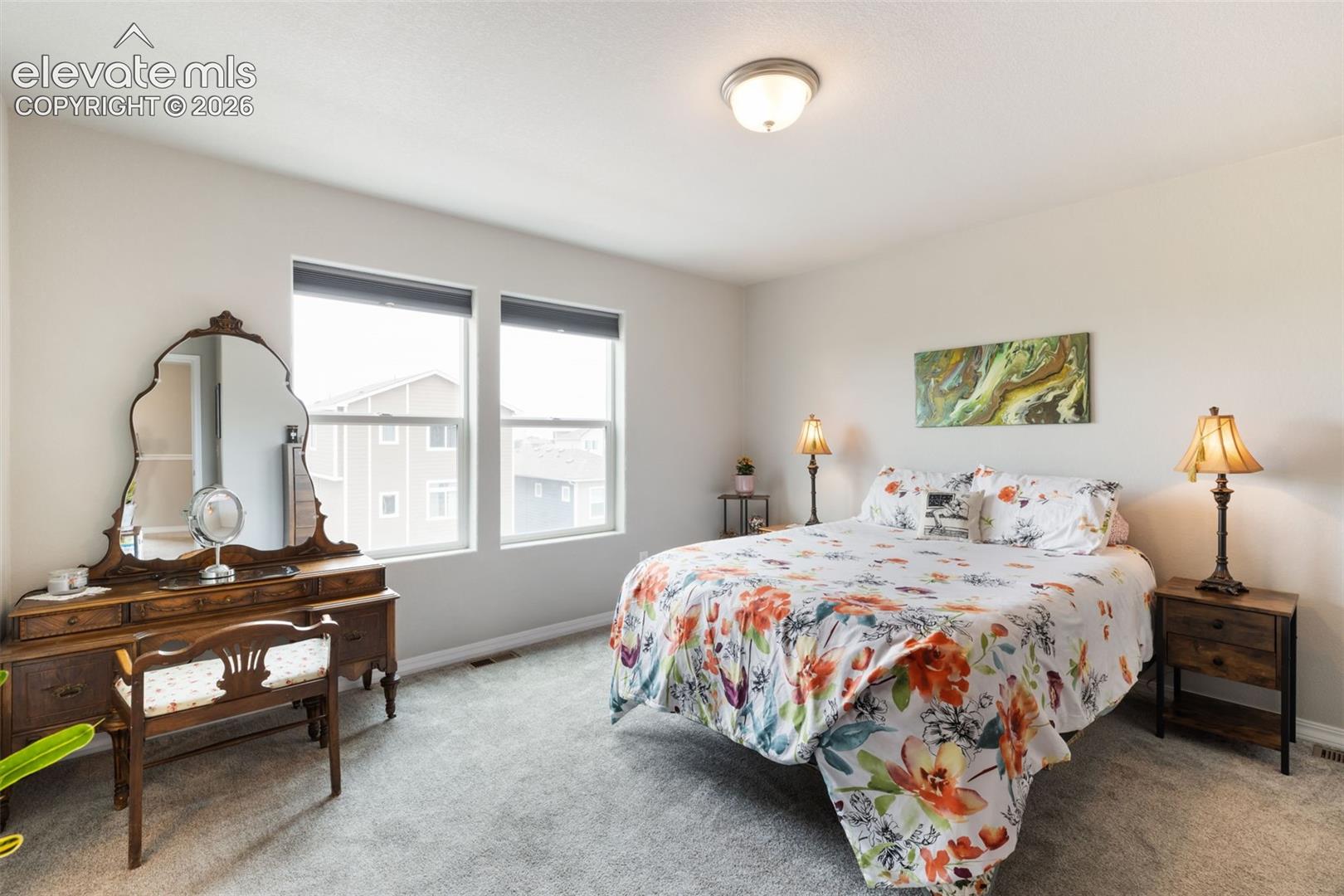 Carpeted room featuring light-toned walls, a flush-mount ceiling light, and two large windows