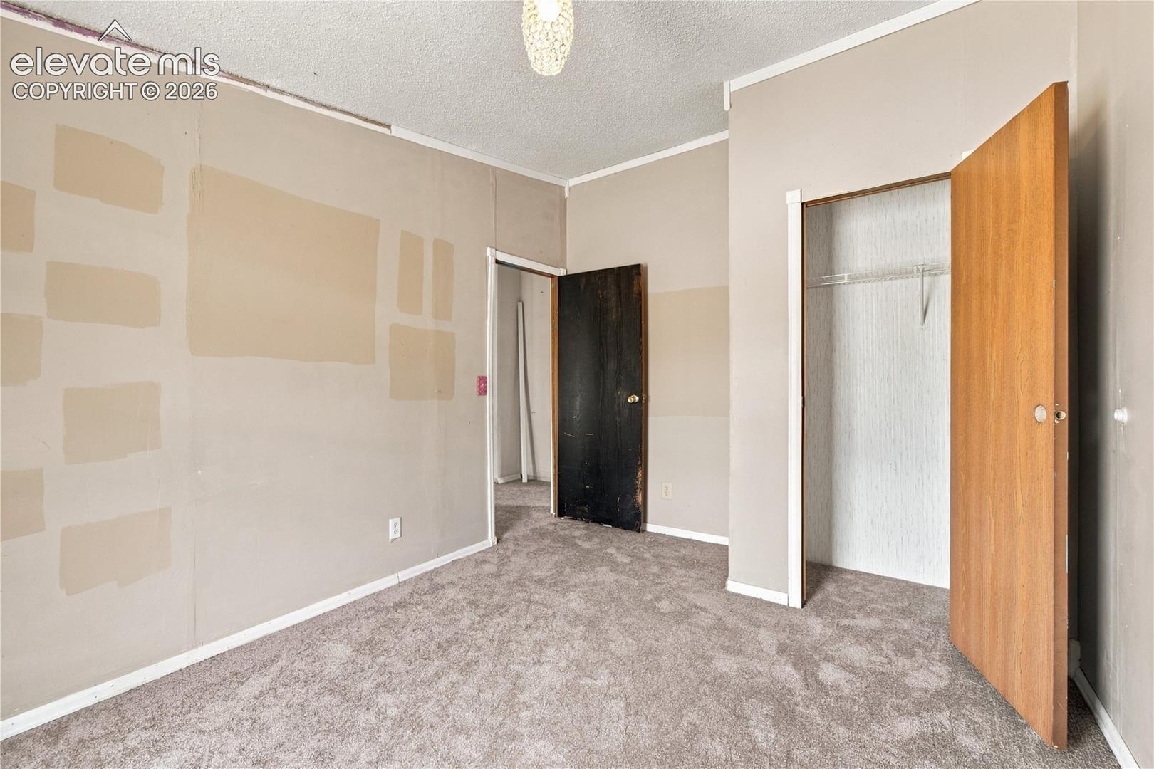 Carpeted room featuring a ceiling-mounted light fixture, an open closet with a single hanging rod, and two doors