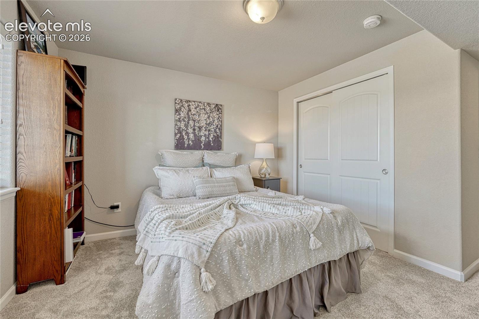 The basement bedroom offers privacy and comfort with plush carpeting, neutral finishes, and generous closet storage.