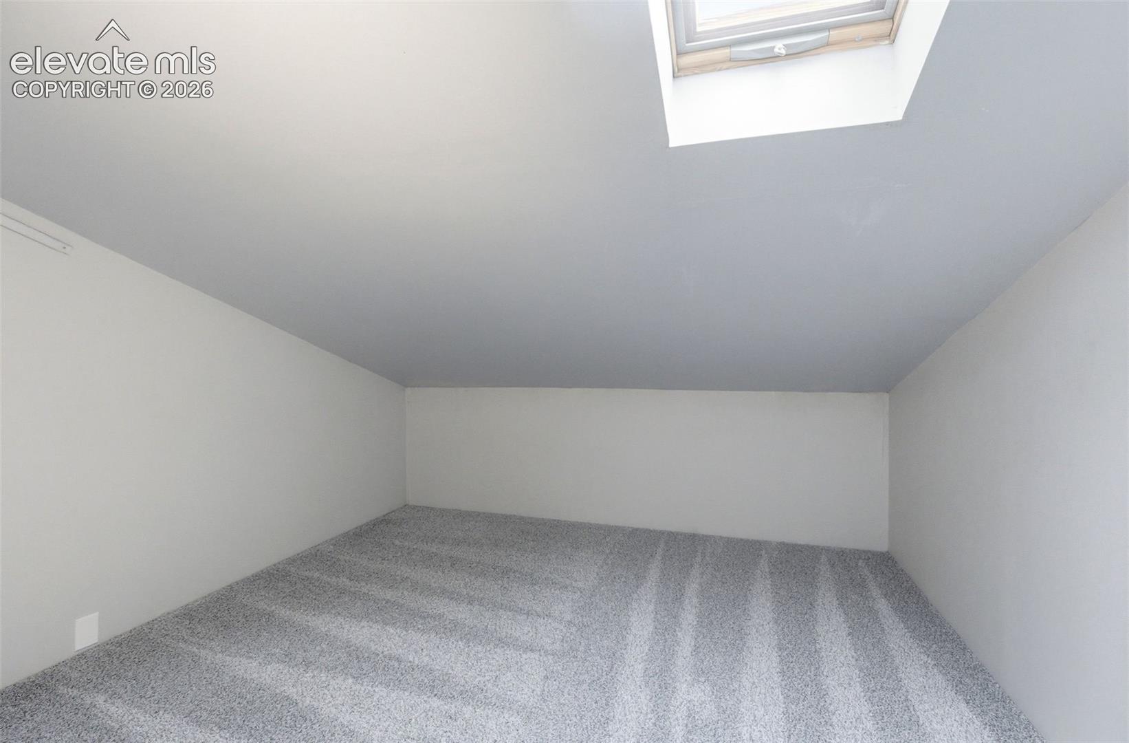 Carpeted room featuring a skylight and sloped ceiling