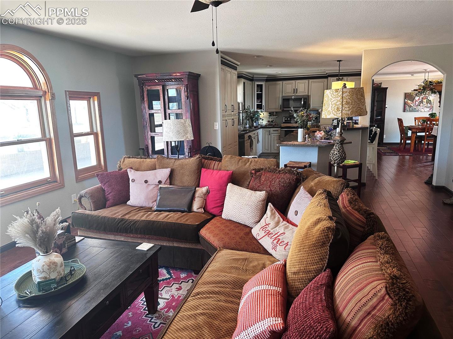 Living room is west facing and kitchen and dining areas adjoin in this open plan. Great wood windows throughout. Also, in-floor radiant heat throughout.  